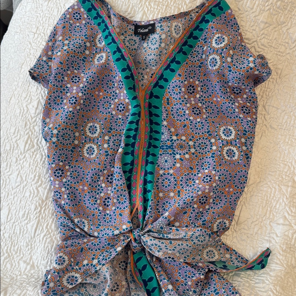 Colorful Geometric Print Silk Blouse by Tolani with adjustable waist tie.